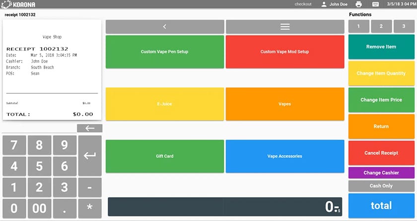KORONA POS checkout function screen.