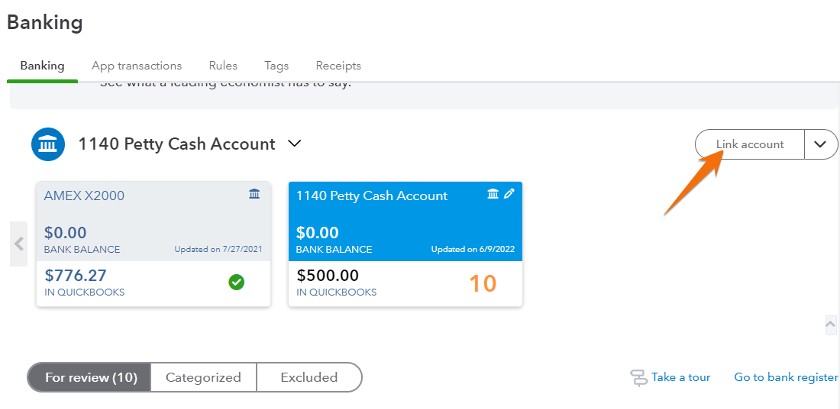 Image of QuickBooks Online's banking tab showing an AmEx and petty cash account balances.