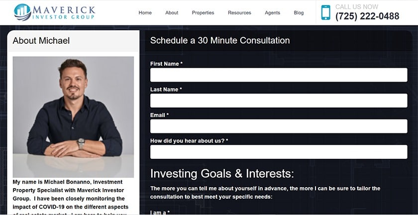 Maverick Investor Group private one-on-one phone consultation feature.