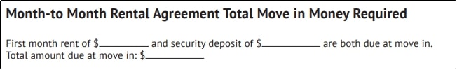 Month-to-month rental agreement total move in money required section.