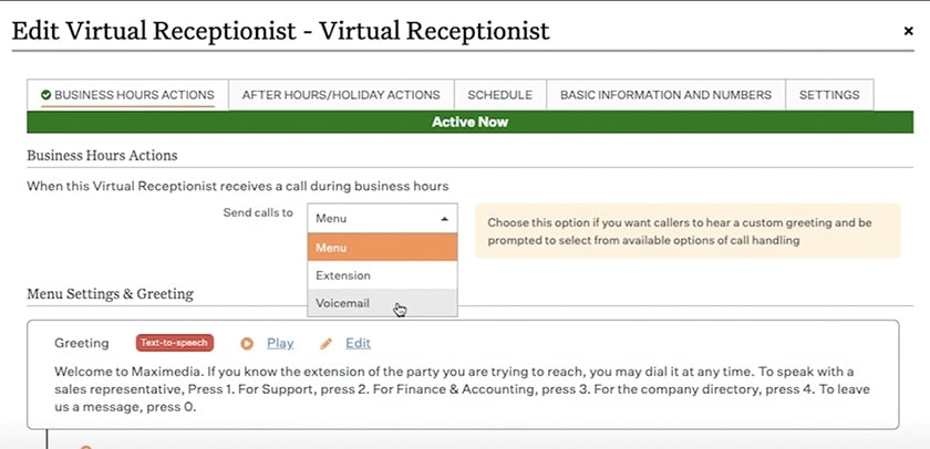 Ooma virtual receptionist feature includes several configuration options for personalized greetings.