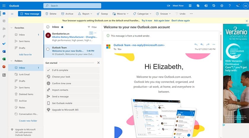 Outlook inbox on a web interface.