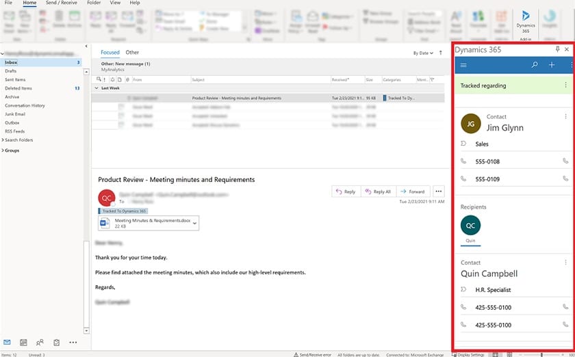 Outlook interface with Dynamics 365 templates and materials sync.