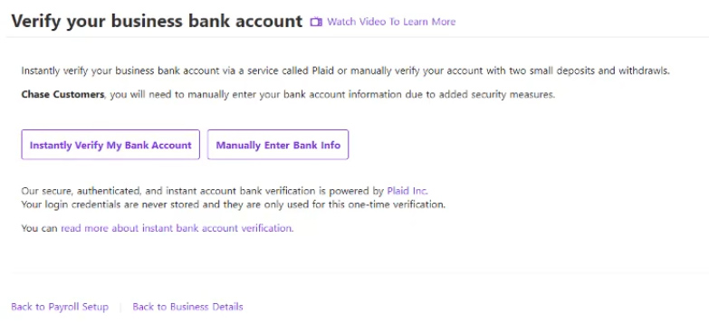 Patriot verify business bank account page.