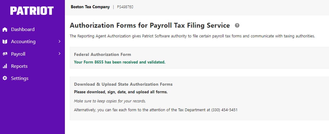 Patriot payroll tax authorization form.
