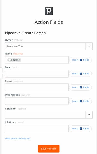 Pipedrive-Facebook connection through Zapier.