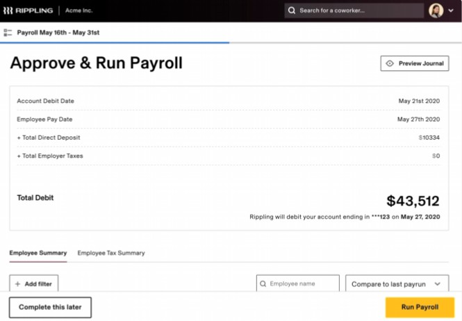 Rippling can preview your current pay period’s payroll journal and compare it to your last pay.