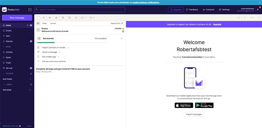 ProtonMail inbox simple interface.