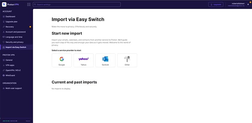 ProtonMail mail import option.