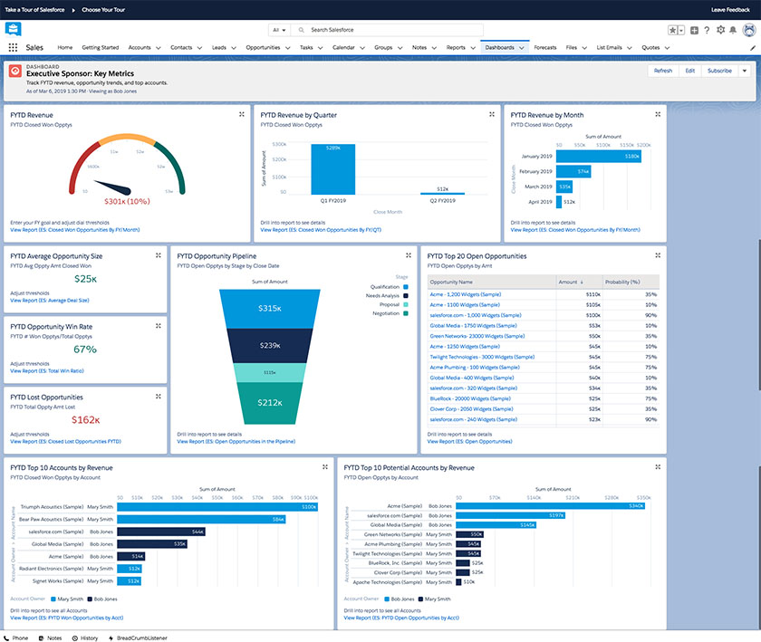Salesforce dashboard shows various formats of reports.