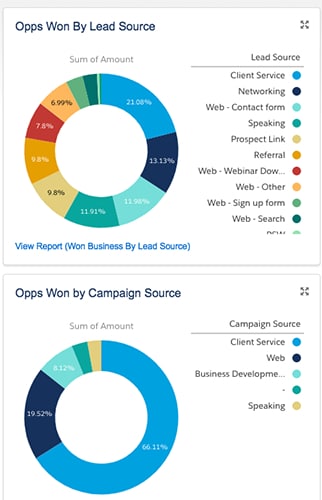 Salesforce reporting the total percentages of deals won broken down by lead source.