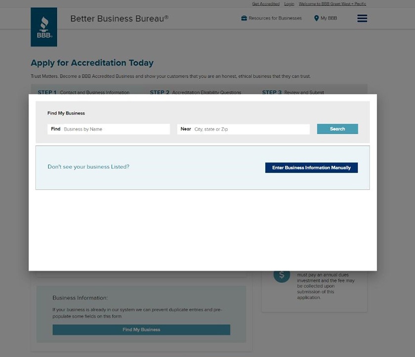 Search your business on BBB and enter business information.
