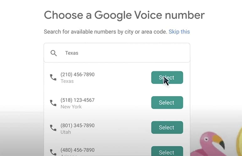 Select a Google Voice number from the list of available numbers provided.