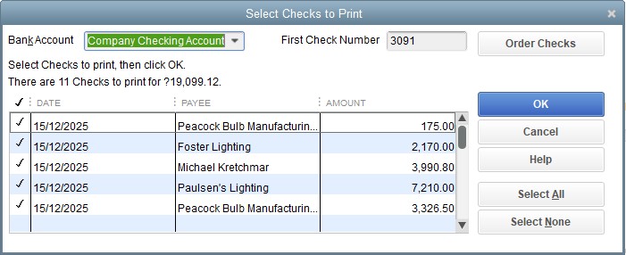 Selecting checks to print in QuickBooks Desktop.