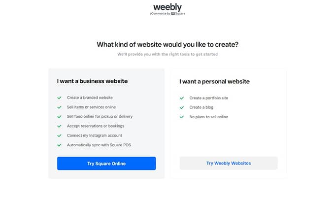 Select what kind of website you want to create.