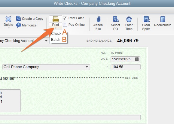Arrow pointing on selecting a check or batch of checks to print in QuickBooks Desktop