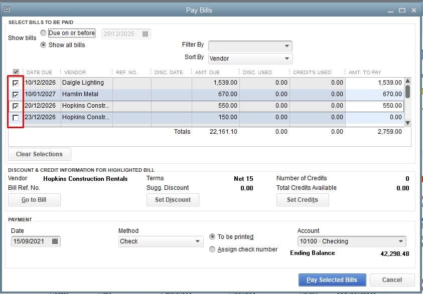 Selecting the bills to be paid in QuickBooks Desktop.