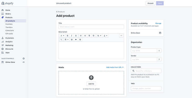 A add product page on Shopify.
