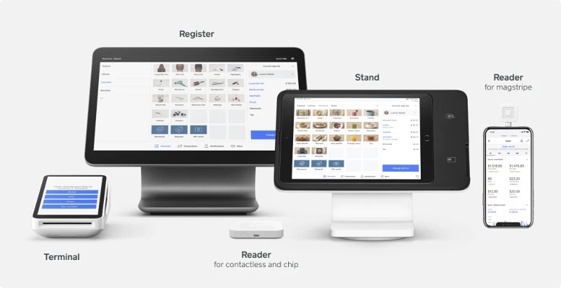 Square POS system with an EMV card reader, Square Terminal, Square Stand, and Square Register.