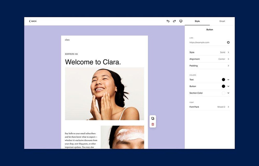Squarespace built-in site editing tools for email campaigns