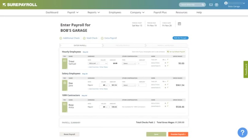Snapshot of SurePayroll’s payroll module.
