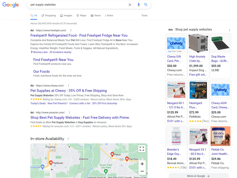 Google Ads top search results of pet supply websites.