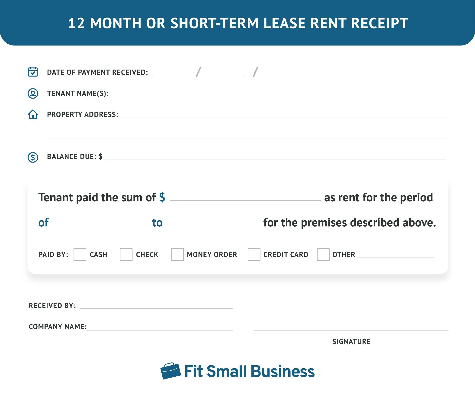 Twelve month or short-term lease rent receipt.