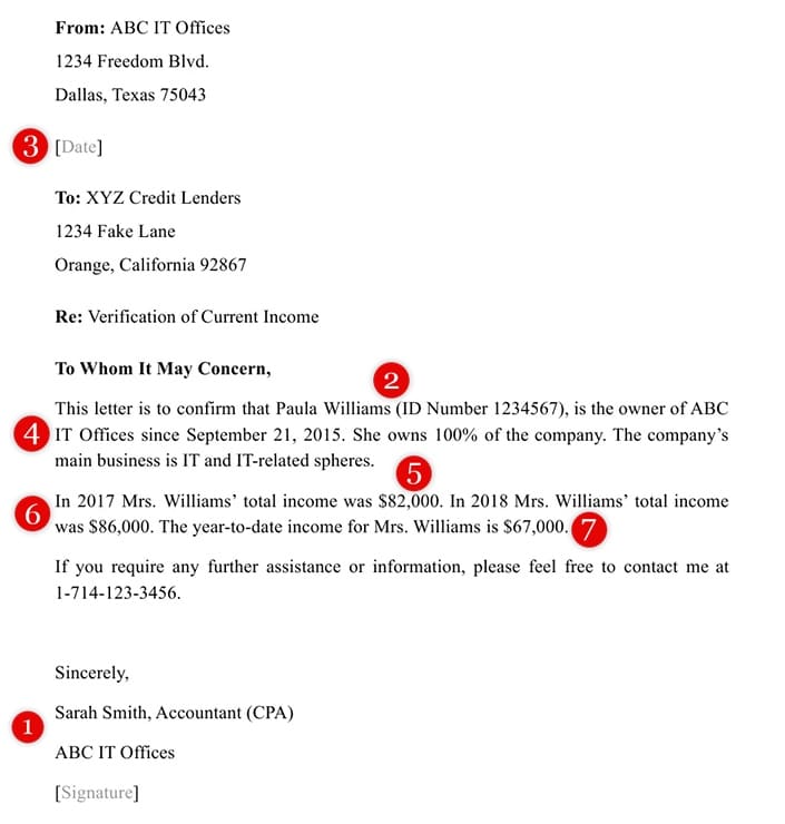 Verify income from a CPA letter example.