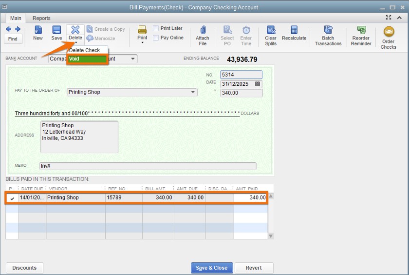 Voiding a check in QuickBooks Desktop.