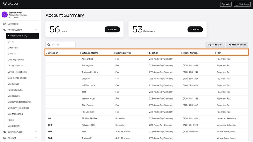 Vonage admin portal shows an overview of the account summary.