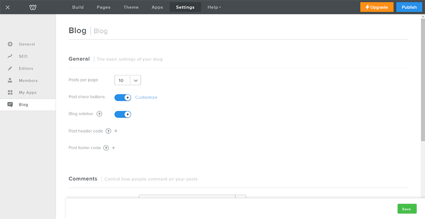 Weebly option to add and configure social sharing buttons.
