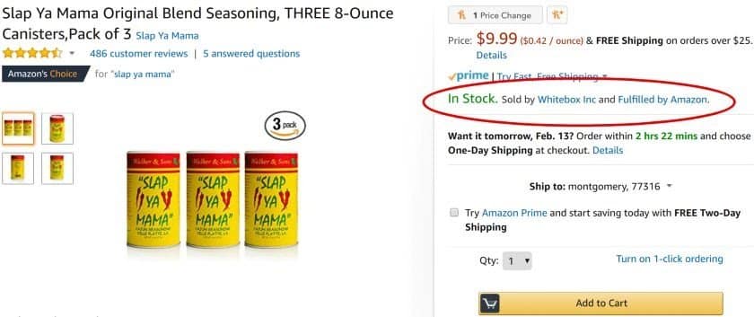Example of an item “sold by” Whitebox Inc. and Fulfilled by Amazon.