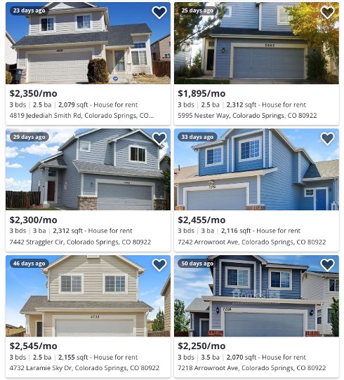 Zillow property listings with their rent prices.