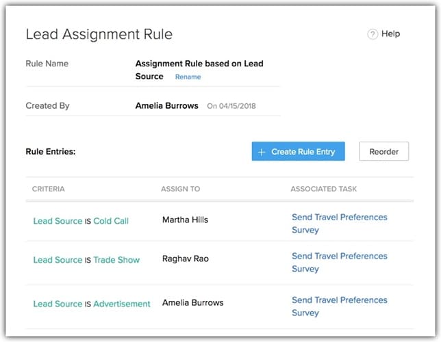 Zoho CRM lead assignment rule.