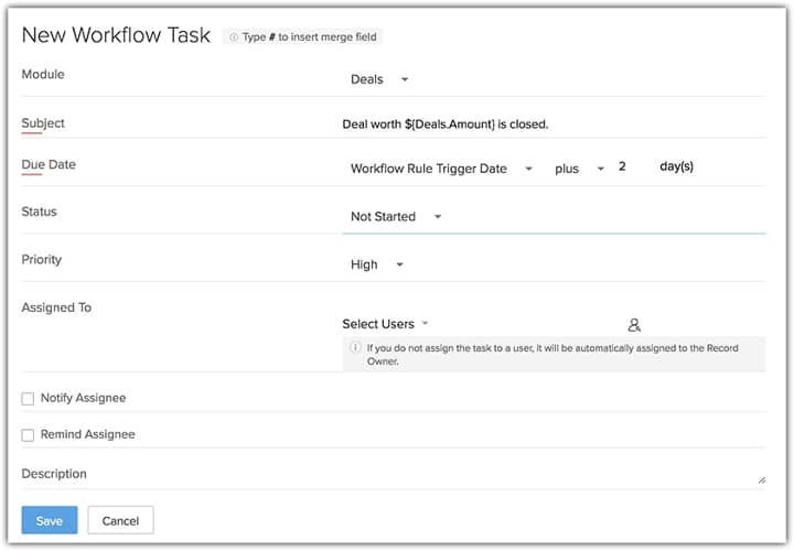 Zoho CRM new deal management workflow task.