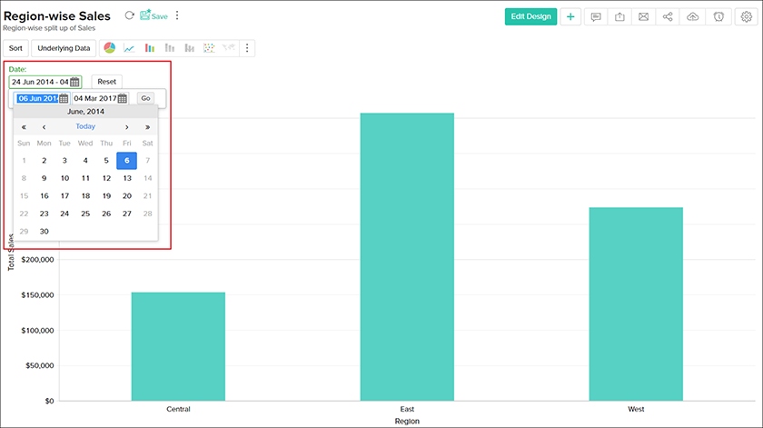 Zoho report widget data filtering by date.