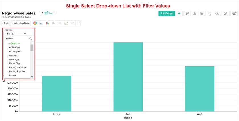Zoho report widget data filtering by product.