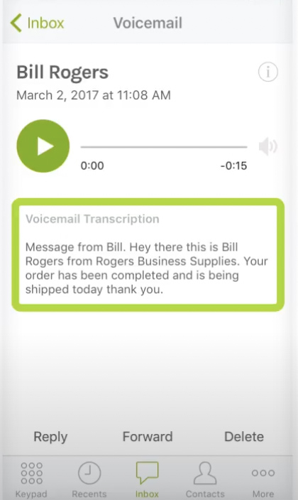 A screenshot of voicemail transcription feature at eVoice.