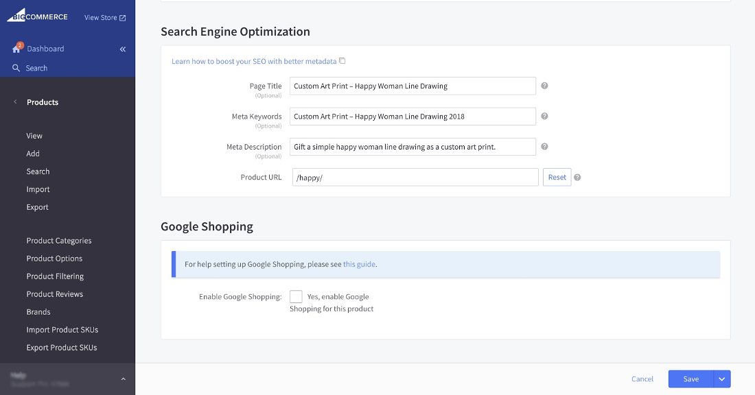 Showing BigCommerce ability to set up and implement from the backend.