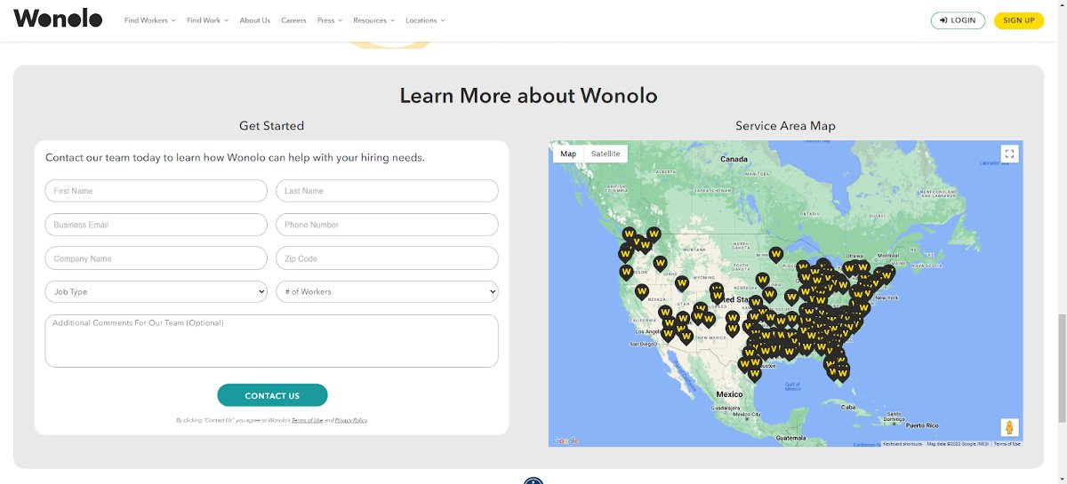 Showing how to contact Wonolo via form or chat.