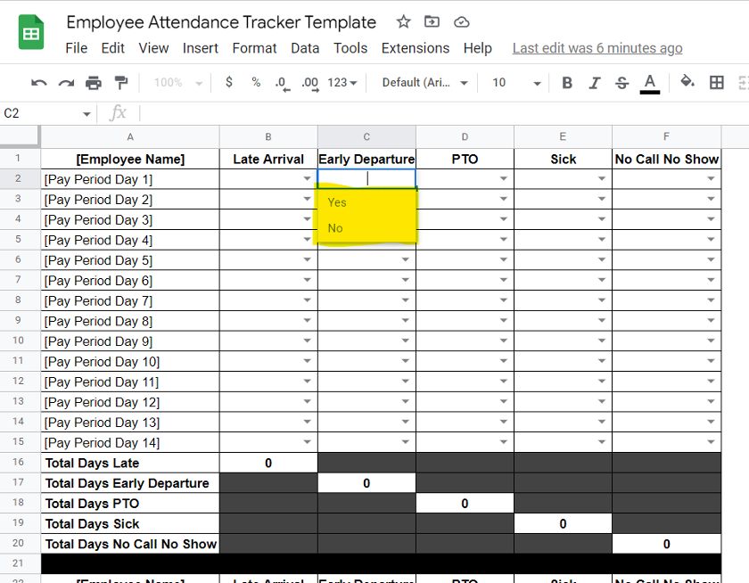 Entering dropdown data in employee attendance tracker template.