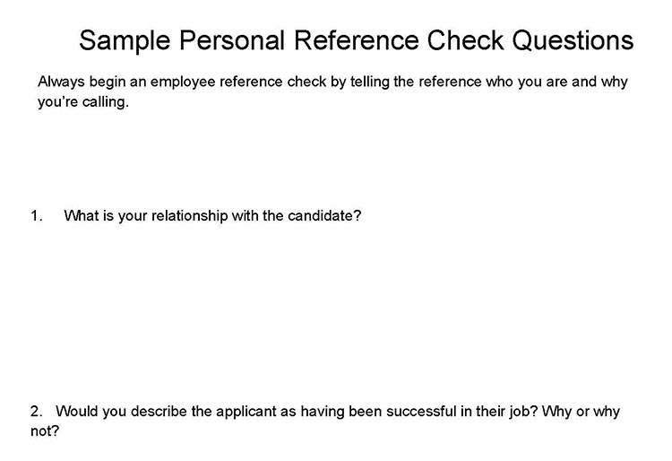 Sample personal reference check questions page.