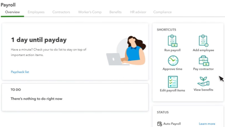 QuickBooks Payroll dashboard showing command shortcuts