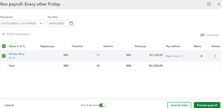 QuickBooks Payroll pay grid with the employees pay details