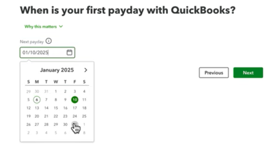 QuickBooks Payroll screen asking for first payday schedule