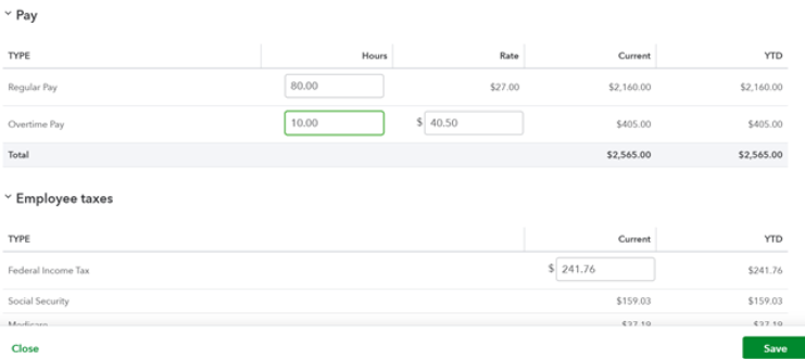 QuickBooks Payroll screen for changing or adding overtime and regular hours