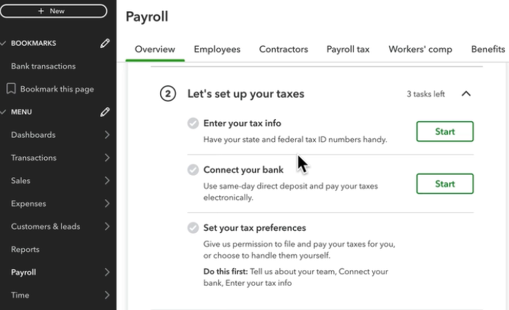 QuickBooks Payroll task list for completing the payroll setup