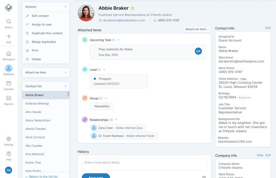 Less Annoying CRM's example of a contact record showing contact information and linked tasks, leads, groups, and relationships.