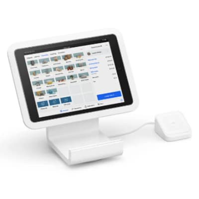 Square stand with built-in magstripe reader.