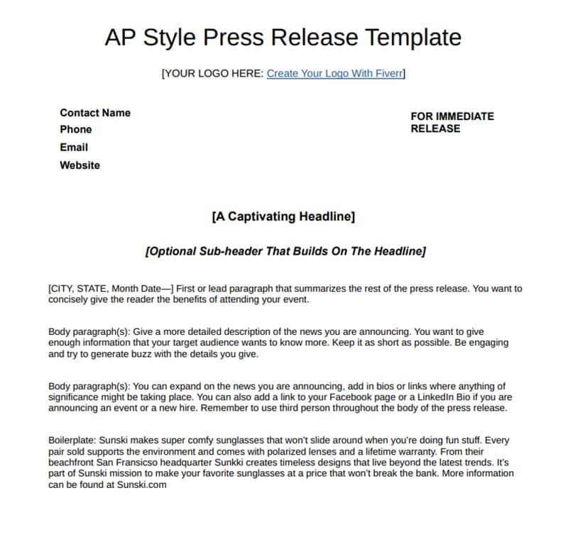 AP style press release template.